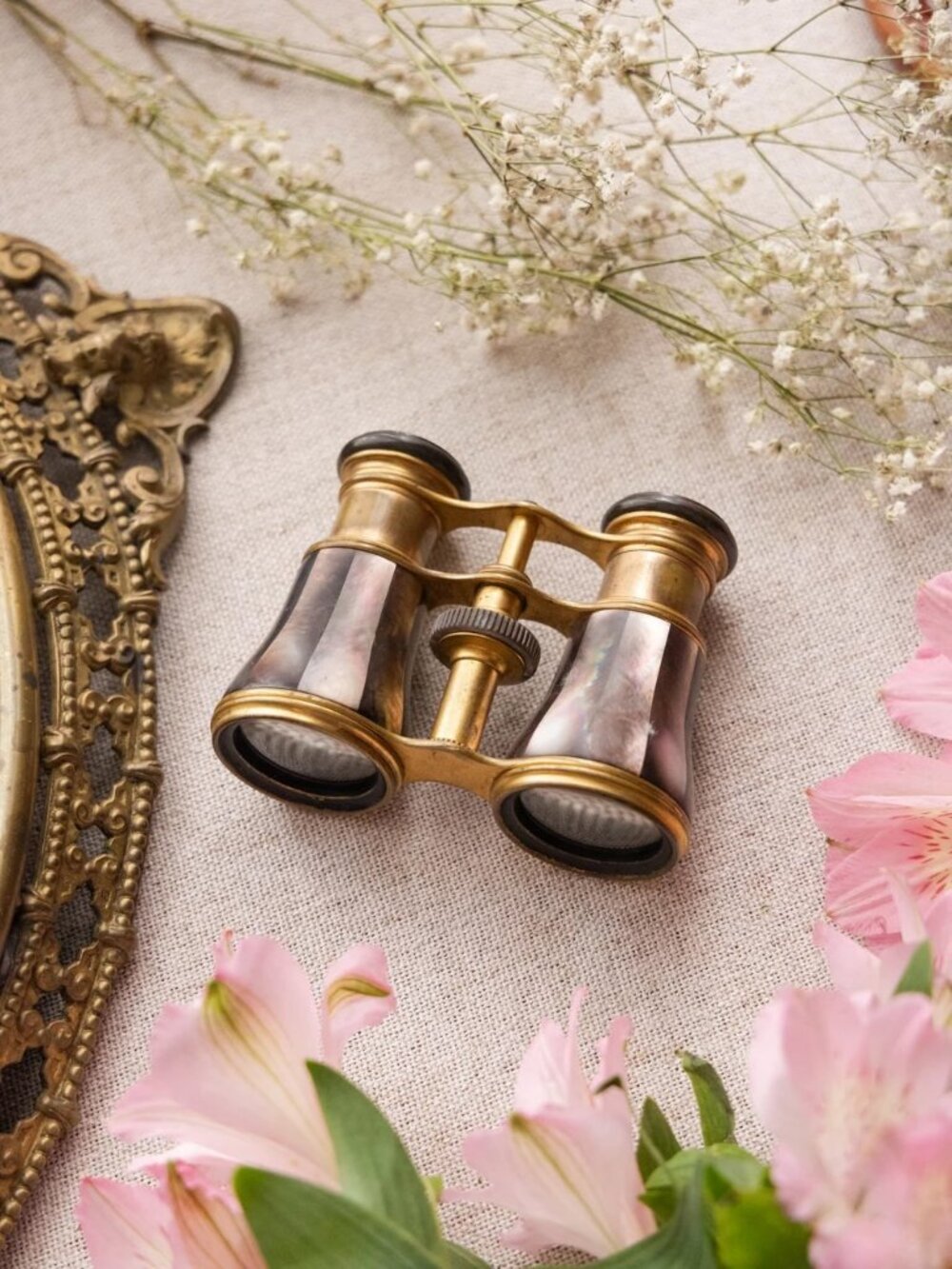 Vintage Brass Opera Glasses with Smokey Purple Mother of Pearl Details
